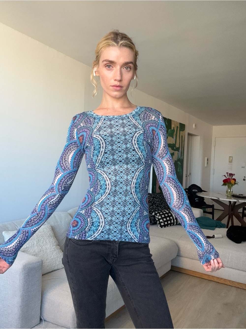 Philosophy Republic Clothing Blue Paisley Modal Super Soft Long Sleeve Top XS